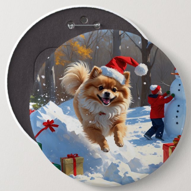 Pomeranian Running in Snow with Christmas Hat 6 Cm Round Badge (Front & Back)