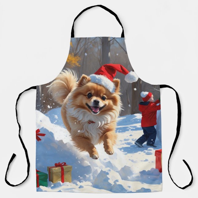 Pomeranian Running in Snow with Christmas Hat Apron (Front)
