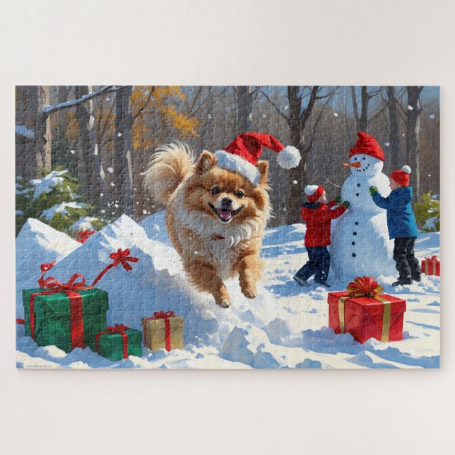 Pomeranian Running in Snow with Christmas Hat Jigsaw Puzzle (Horizontal)