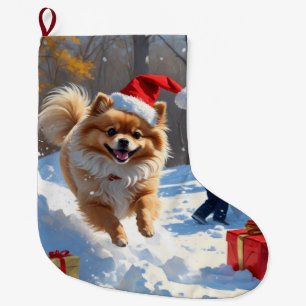 Pomeranian Running in Snow with Christmas Hat Large Christmas Stocking