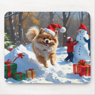 Pomeranian Running in Snow with Christmas Hat Mouse Pad