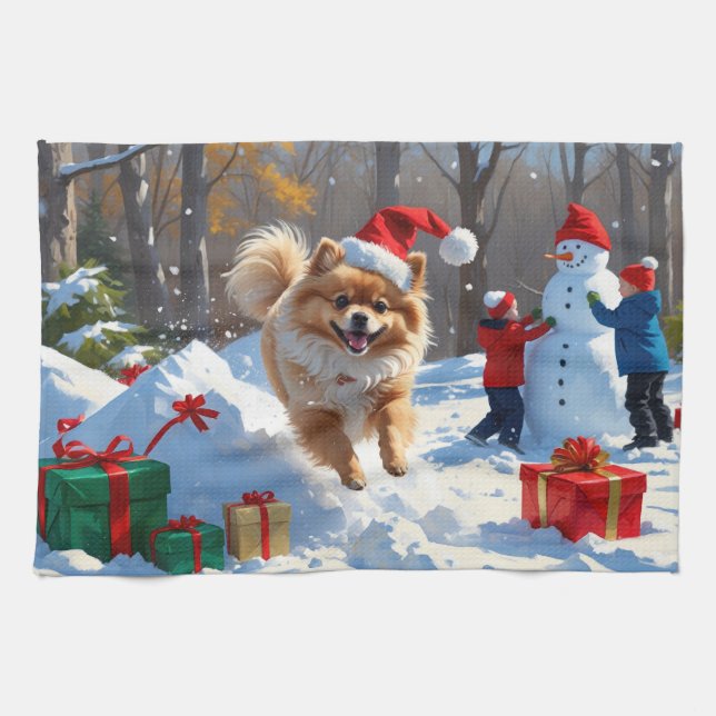 Pomeranian Running in Snow with Christmas Hat Tea Towel (Horizontal)