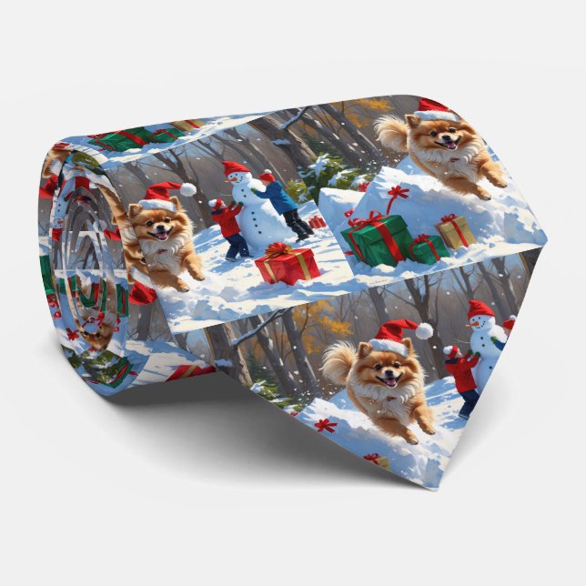 Pomeranian Running in Snow with Christmas Hat Tie (Rolled)