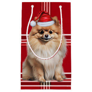 Pomeranian Santa Dog Holiday Red Plaid Christmas Small Gift Bag