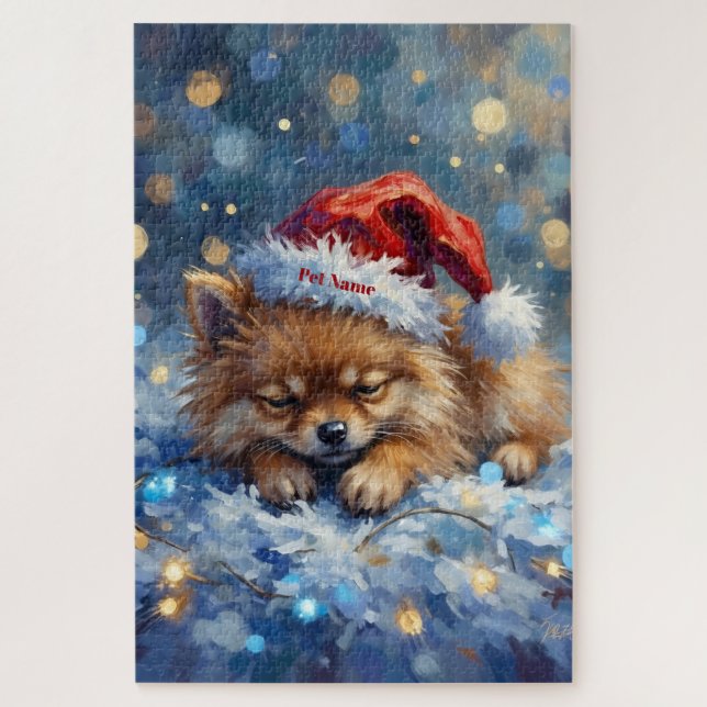 Pomeranian Sleeping on Fairy Lights Christmas Hat Jigsaw Puzzle (Vertical)
