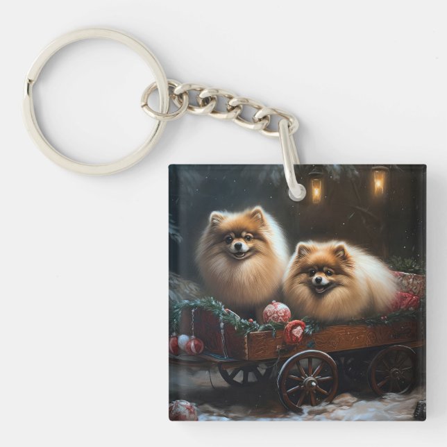 Pomeranian Snowy Sleigh Christmas Decor Key Ring (Front)