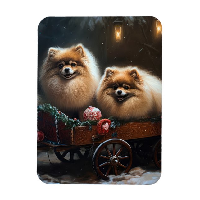 Pomeranian Snowy Sleigh Christmas Decor Magnet (Vertical)