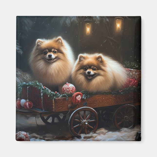 Pomeranian Snowy Sleigh Christmas Decor Magnet (Front)