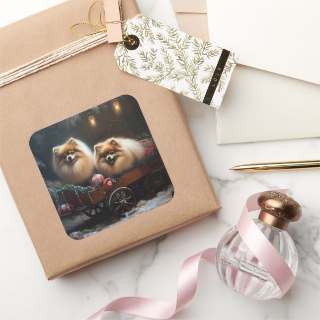 Pomeranian Snowy Sleigh Christmas Decor Square Sticker (Gifting)