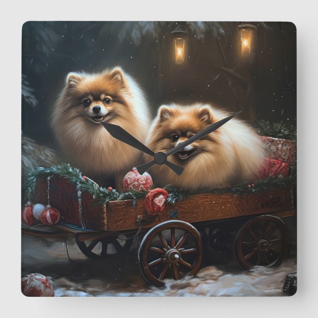 Pomeranian Snowy Sleigh Christmas Decor Square Wall Clock (Front)
