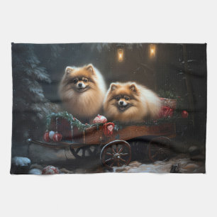 Pomeranian Snowy Sleigh Christmas Decor Tea Towel