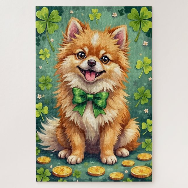 Pomeranian St Patrick’s Day Cute Lucky Dog Jigsaw Puzzle (Vertical)