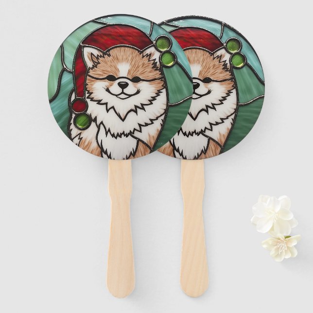 Pomeranian Stained Glass Christmas Hand Fan (Front and Back)