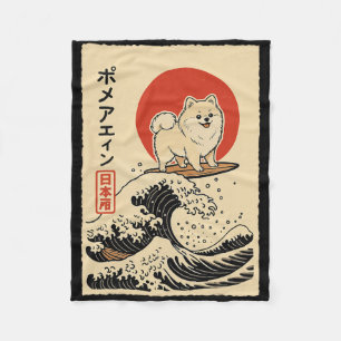 Pomeranian Surfing Japanese Wave Fleece Blanket