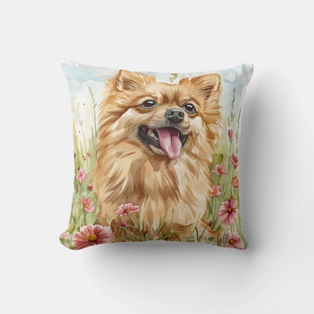 Pomeranian Throw Pillow – Watercolor (Front)