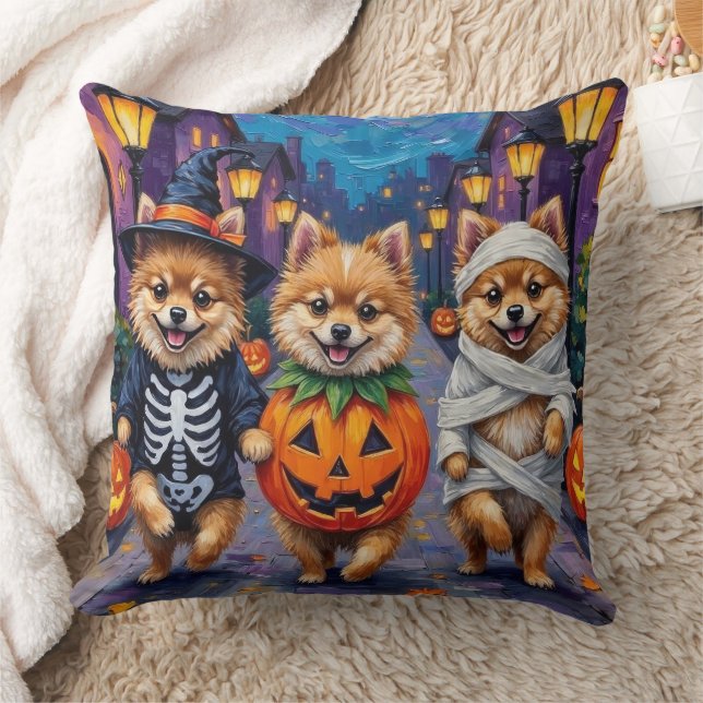 Pomeranian Trick-or-Treating in Halloween Costumes Cushion (Blanket)