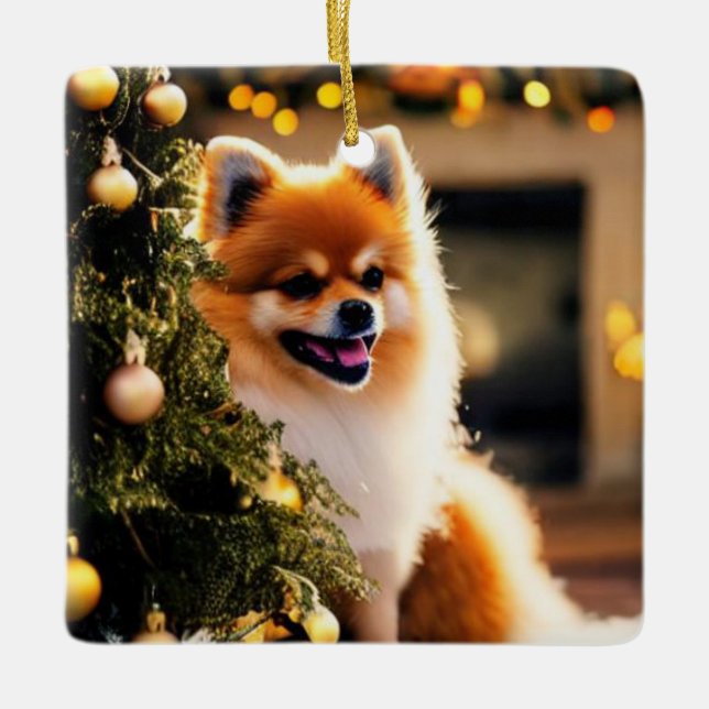 Pomeranian Under Christmas Tree Ceramic Ornament (Front)