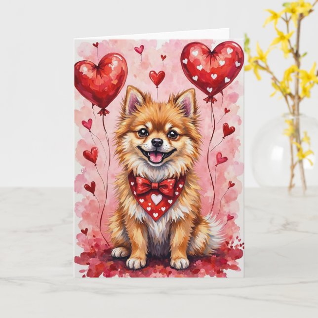 Pomeranian Valentine’s Day Dog with Hearts Red Card (Yellow Flower)