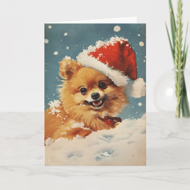 Pomeranian vintage personalised Christmas Holiday Card (Front)