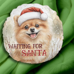 Pomeranian Waiting For Santa Pom Dog Watercolor Round Cushion