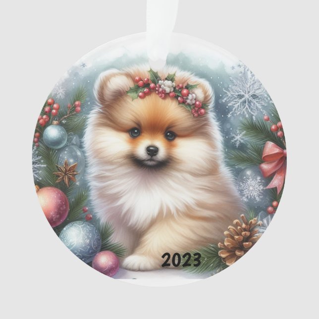 Pomeranian Watercolor Acrylic Ornament  (Front)