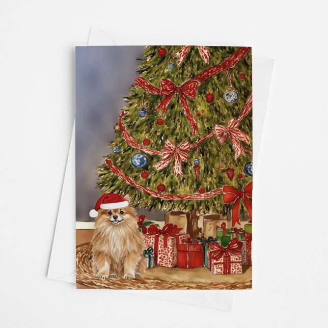 Pomeranian Watercolor Under Christmas Tree Card (Creator Uploaded)