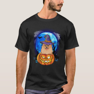 Pomeranian Witch Moon Pumpkin Scary Halloween Dog T-Shirt