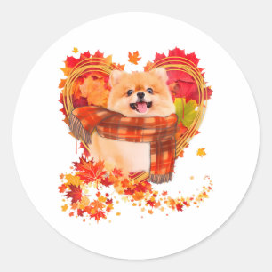 Pomeranian With Heart Made Of Autumn Leaves Classic Round Sticker