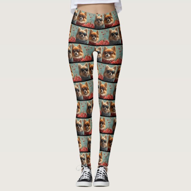 Pomeranian With Heart Roses Valentine's Day  Leggings (Front)