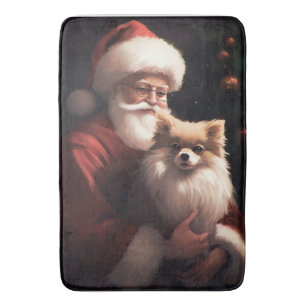Pomeranian With Santa Claus Festive Christmas  Bath Mat