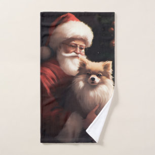 Pomeranian With Santa Claus Festive Christmas  Bath Towel Set