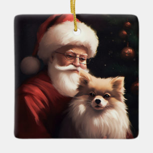Pomeranian With Santa Claus Festive Christmas Ceramic Ornament