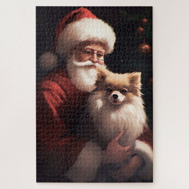 Pomeranian With Santa Claus Festive Christmas  Jigsaw Puzzle (Vertical)