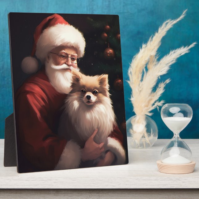 Pomeranian With Santa Claus Festive Christmas  Plaque (Side)
