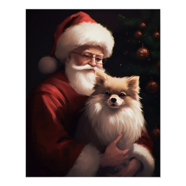 Pomeranian With Santa Claus Festive Christmas  Poster (Front)