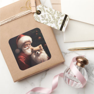 Pomeranian With Santa Claus Festive Christmas  Square Sticker