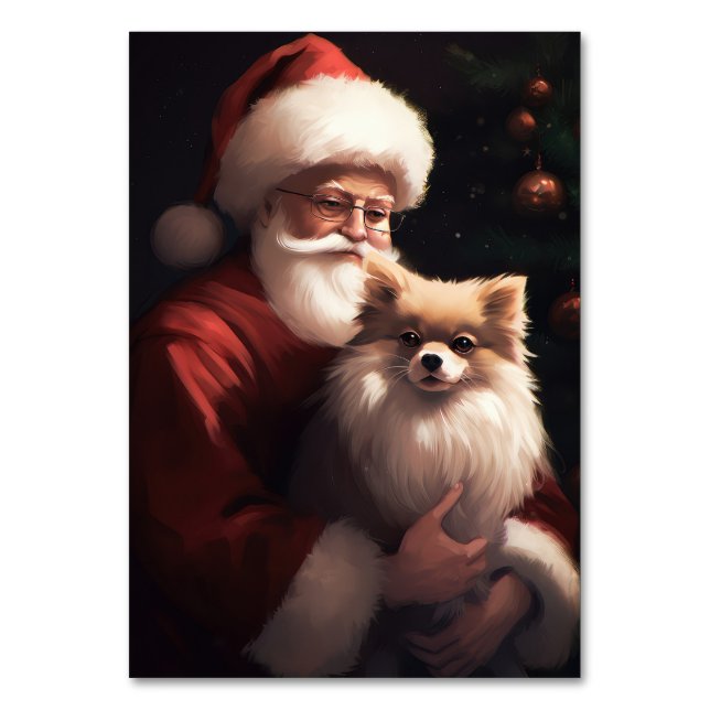 Pomeranian With Santa Claus Festive Christmas  Table Number (Front)