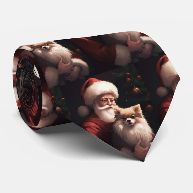 Pomeranian With Santa Claus Festive Christmas  Tie (Rolled)