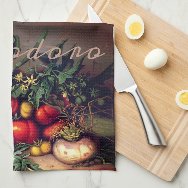 Pomodoro botanical tomatoes personalised tea towel (Quarter Fold)