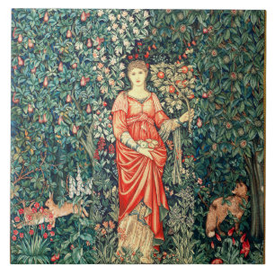 POMONA HOLDING FRUITS IN GREENERY, FOREST ANIMALS  CERAMIC TILE