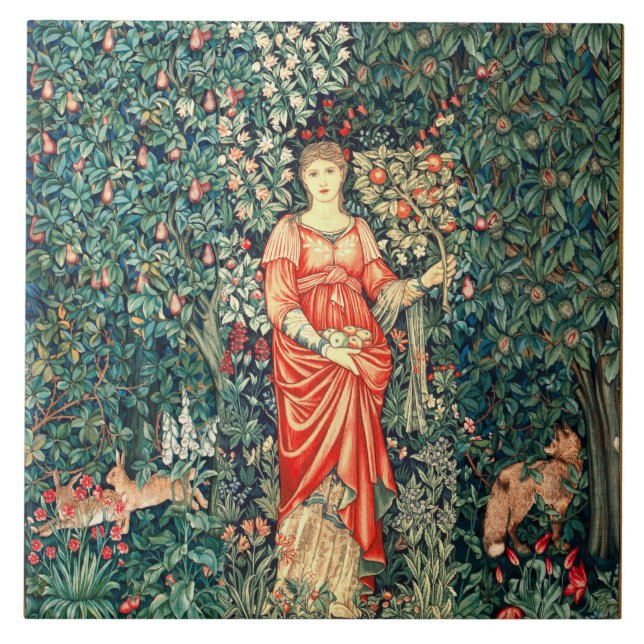 POMONA HOLDING FRUITS IN GREENERY, FOREST ANIMALS  CERAMIC TILE (Front)