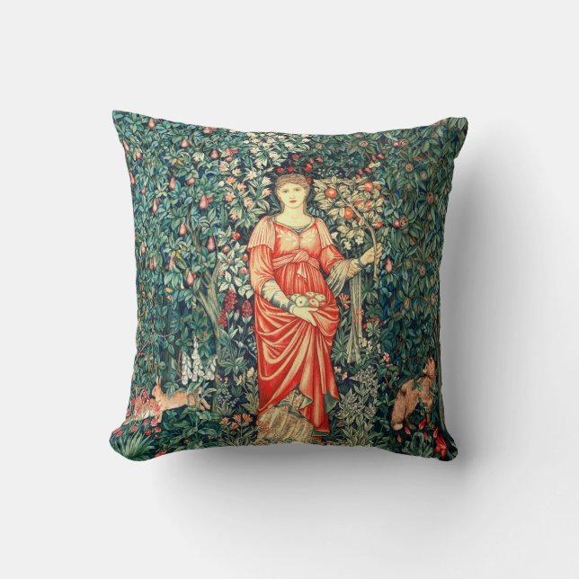 POMONA HOLDING FRUITS IN GREENERY, FOREST ANIMALS  CUSHION (Front)