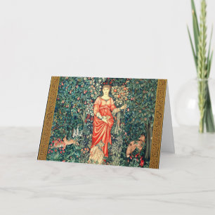 POMONA HOLDING FRUITS IN GREENERY, FOREST ANIMALS  HOLIDAY CARD