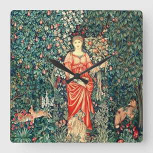 POMONA HOLDING FRUITS IN GREENERY, FOREST ANIMALS  SQUARE WALL CLOCK