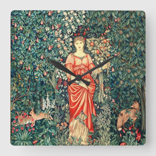 POMONA HOLDING FRUITS IN GREENERY, FOREST ANIMALS  SQUARE WALL CLOCK (Front)