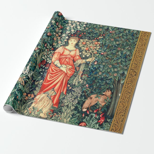 POMONA HOLDING FRUITS IN GREENERY, FOREST ANIMALS WRAPPING PAPER (Unrolled)