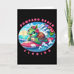 Pompano Beach Florida Cute Surfing Girl Sea Turtle Card