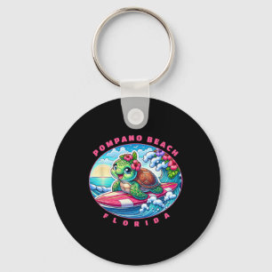 Pompano Beach Florida Cute Surfing Girl Sea Turtle Key Ring