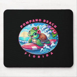 Pompano Beach Florida Cute Surfing Girl Sea Turtle Mouse Pad