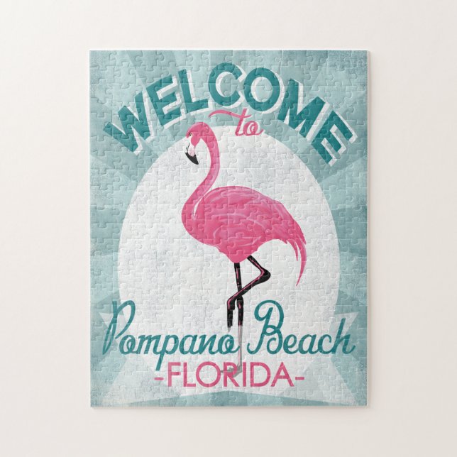 Pompano Beach Florida Pink Flamingo Retro Jigsaw Puzzle (Vertical)